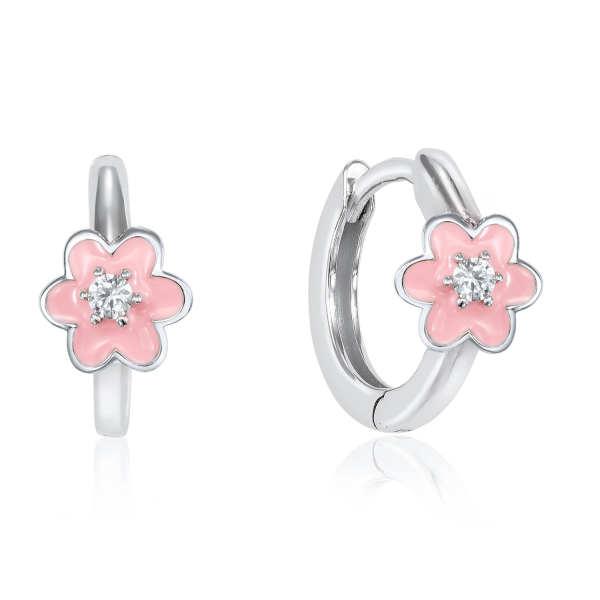 Klappcreolen Silber 925 rhodiniert - Blume mit Lack und Zirkonia in Pink