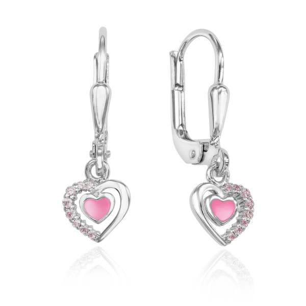 Ohrhänger Herz Silber 925 rhodiniert - Lack Pink und 16 Zirkonia