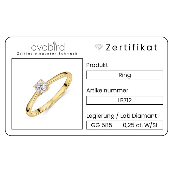 Lovebird Damenring Gelbgold 585 - Lab Grown Brillant 0,25 ct. - 4 Stotzen Fassung - Bild 3