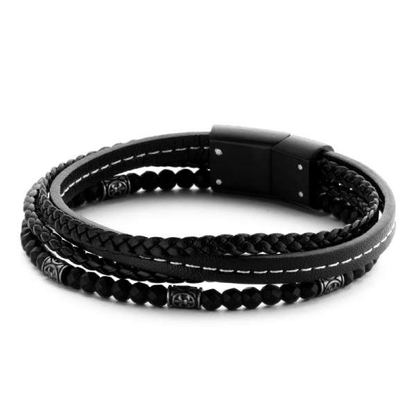 Frank 1967 Armband Echtleder Schwarz 4-reihig Edelstahl