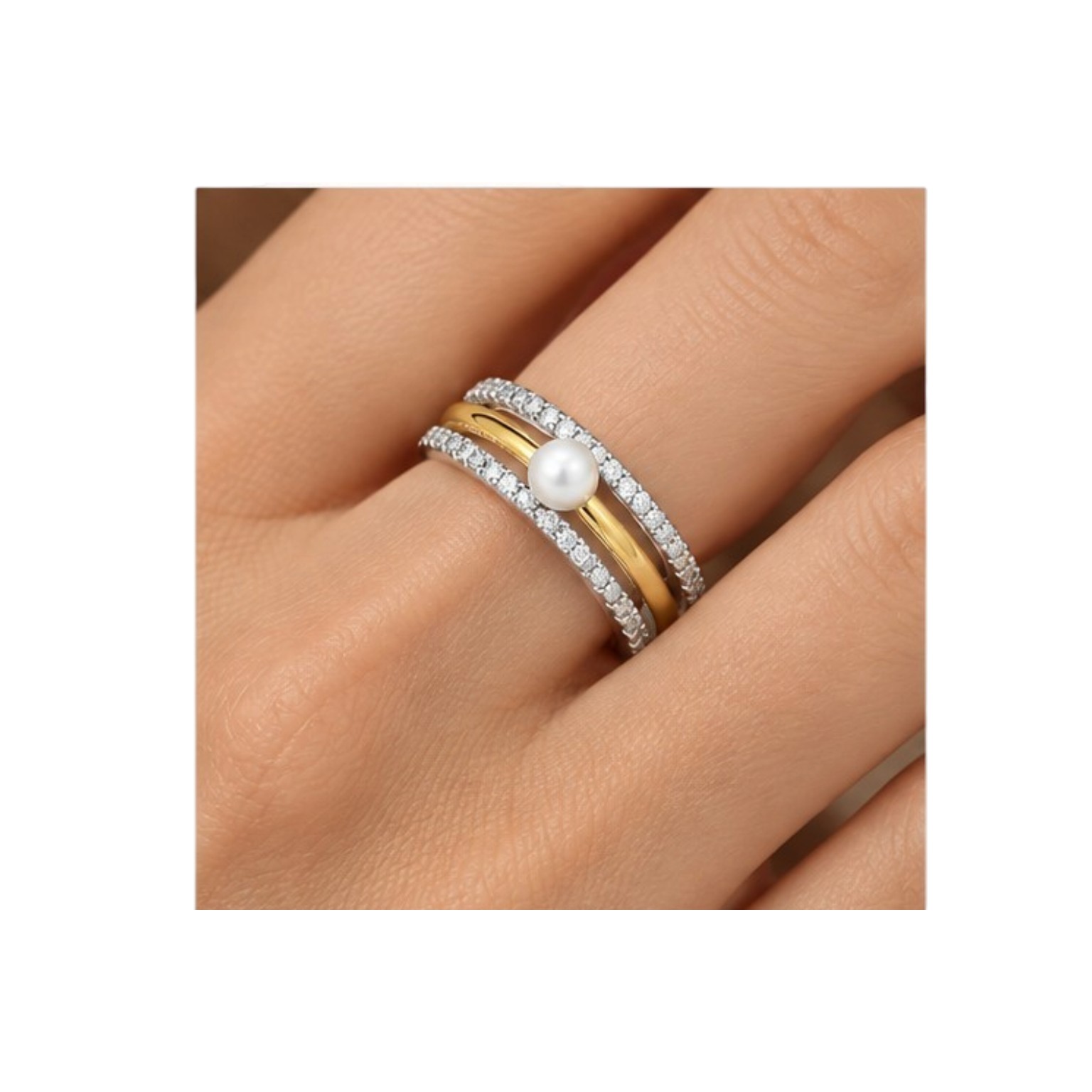 3er Damenring Set Silber 925 Bicolor - Süßwasser-Zuchtperle und 46 Zirkonia - Bild 2