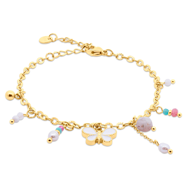 Lovebird Armband mit Schmetterling, Blume und Beads Edelstahl - Goldfarbene IP-Beschichtung