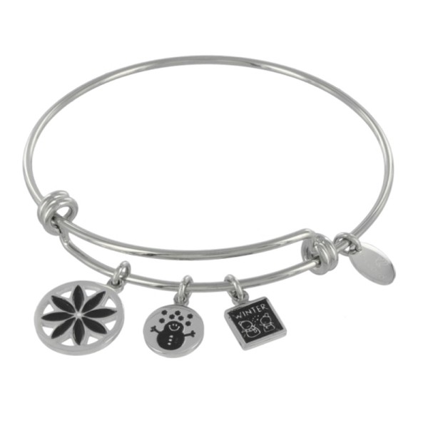 Lovebird Charm-Armreif mit Blume, Schneemann und Winter Edelstahl IPS - Schwarz gelackt
