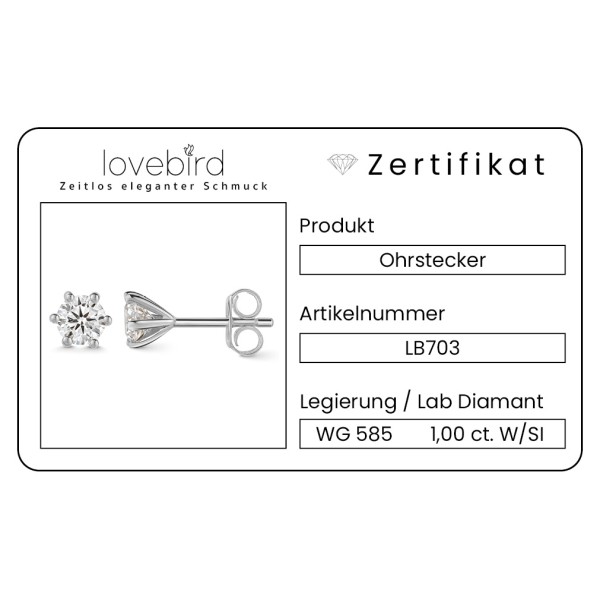 Lovebird Ohrstecker Weißgold 585 - Lab Grown Brillanten 1,00 ct - 6 Stotzen Fassung - Bild 2