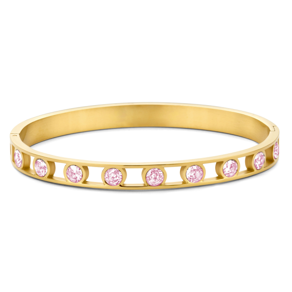 Lovebird Armreif mit 9 pinken Zirkonia Edelstahl - Goldfarbene IP-Beschichtung