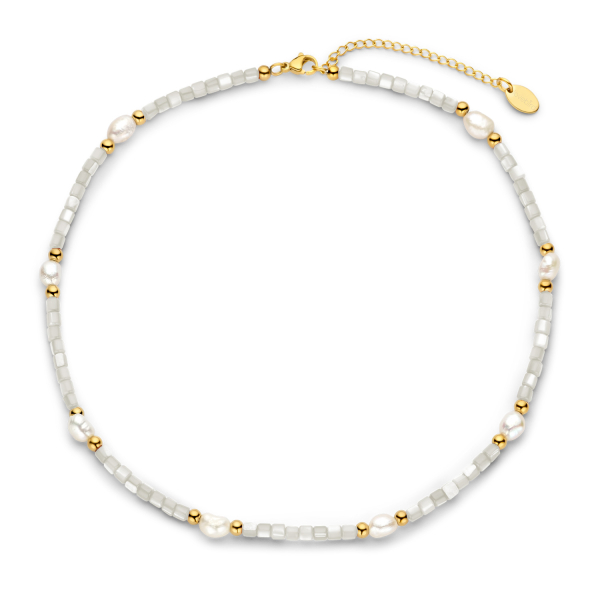 Lovebird Collier mit Süßwasser-Zuchtperlen und MOP weiß Edelstahl IPG