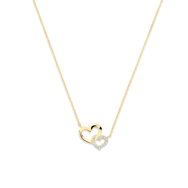 Collier zwei Herzen Gold 585 - Hochglanz und Zirkonia - Herz 7,90mm und 5,50mm
