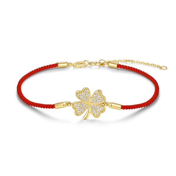 Rotes Textilarmband Silber 925 mit Kleeblatt und 36 Zirkonia - vergoldet oder rhodiniert - 19cm