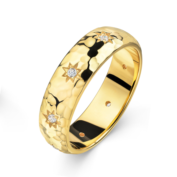Ring Silber 925 vergoldet - Hammerschlag - 8 Zirkonia