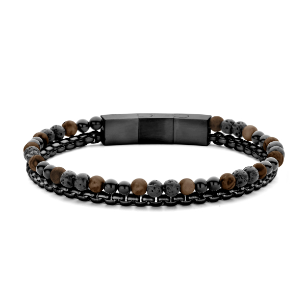 Frank 1967 Armband 2-reihig Edelstahl IPB - Lavastein, Achat und Tigerauge - 8mm