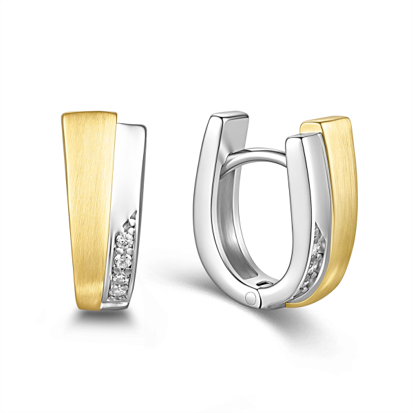 Klappcreolen Silber 925 Bicolor - 14mm hoch - 8 Zirkonia - Teilmattiert