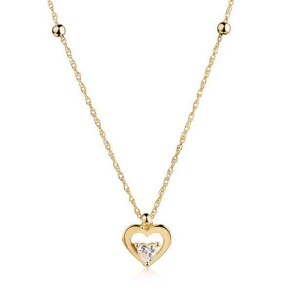 Collier 2 Kugeln und Herz-Anhänger Zirkonia Gold 333 - Doppel-Ankerkette 45cm