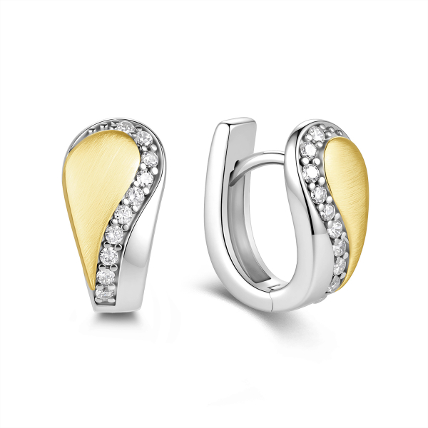 Klappcreolen Silber 925 Bicolor - 14mm hoch - 20 Zirkonia - Teilmattiert