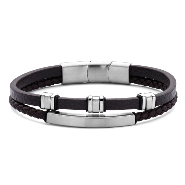 Frank 1967 Armband Echtleder Dunkelbraun 2-reihig Edelstahl mit Schild
