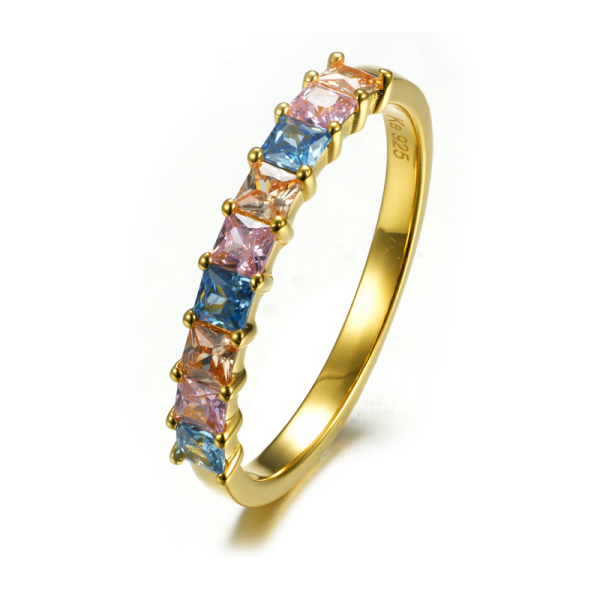 Damenring Silber 925 vergoldet - 9 bunte Zirkonia - Pink, Hellblau und Champagner