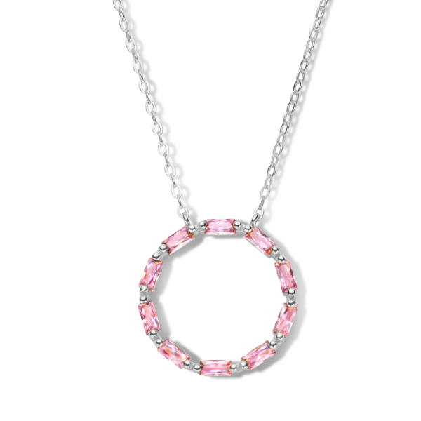 Collier Kreis Silber 925 rhodiniert - 10 pinke Zirkonia im Baguetteschliff