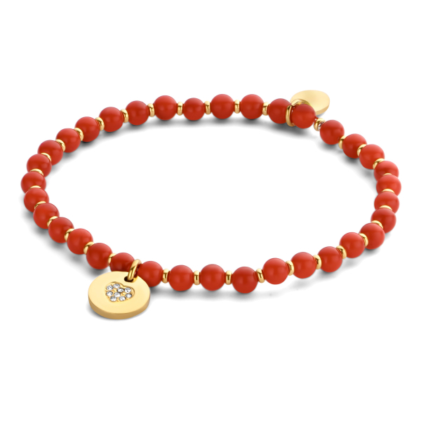 Lovebird Armband mit Perlmutt Rot und Kristall Edelstahl - Goldfarbene IP-Beschichtung