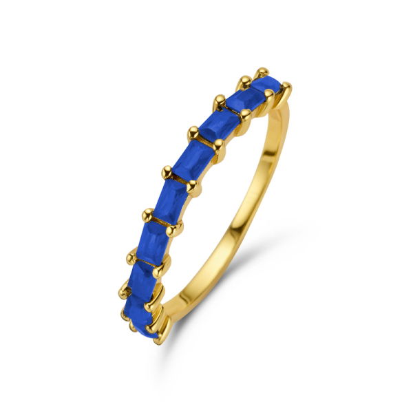 Damenring Silber 925 vergoldet - 9 Zirkonia Saphirblau - Baguetteschliff