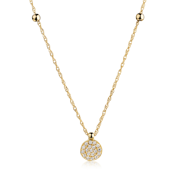 Collier 2 Kugeln und Circle-Anhänger 19 Zirkonia Gold 333 - Doppel-Ankerkette 45cm