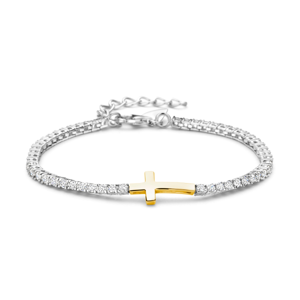 Tennisarmband Silber 925 rhodiniert teilvergoldet - 54 Zirkonia - Kreuz