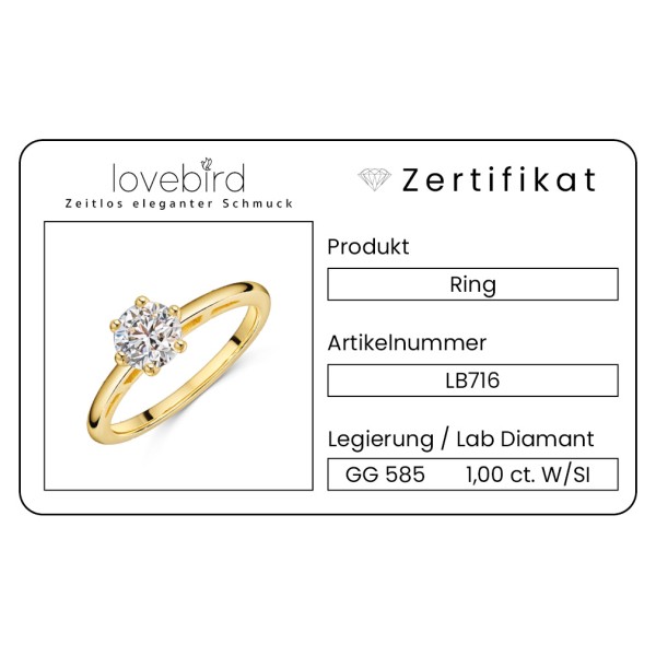 Lovebird Damenring Gelbgold 585 - Lab Grown Brillant 1,00 ct. - 6 Stotzen Fassung - Bild 3