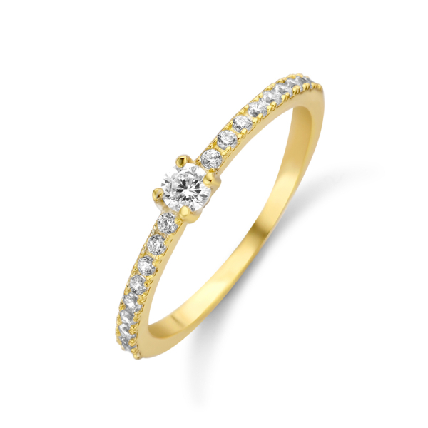 Damenring Silber 925 vergoldet - 19 Zirkonia - Großer Stein 3mm