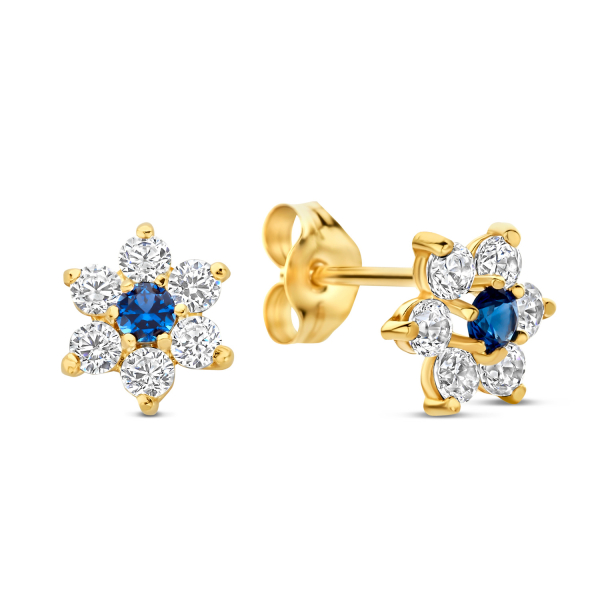 Ohrstecker Blume mit weißen Zirkonia und blauen Kristallen Gold 585