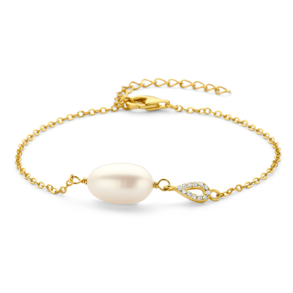 Armband Süßwasser-Zuchtperle 12 Zirkonia Silber 925 vergoldet - 9x10mm