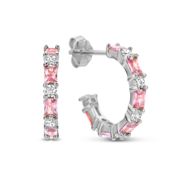 Ohrstecker Creolen mit 24 Zirkonia Silber 925 rhodiniert - Ø 14mm - Pink