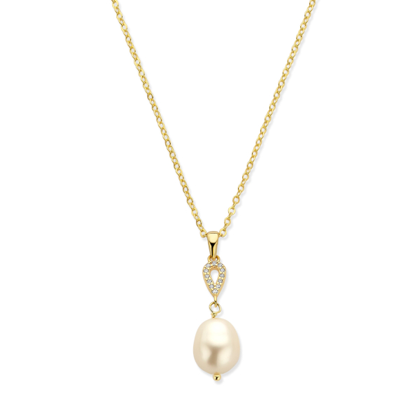 Collier mit Süßwasser-Zuchtperle und 12 Zirkonia Silber 925 vergoldet - 9x10mm