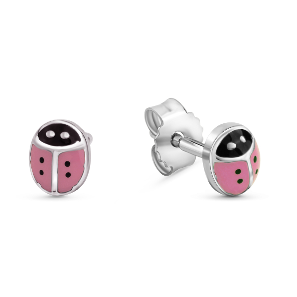 Ohrstecker Marienkäfer Silber 925 rhodiniert - Rosa und Schwarz emailliert - 4,3x5,2mm