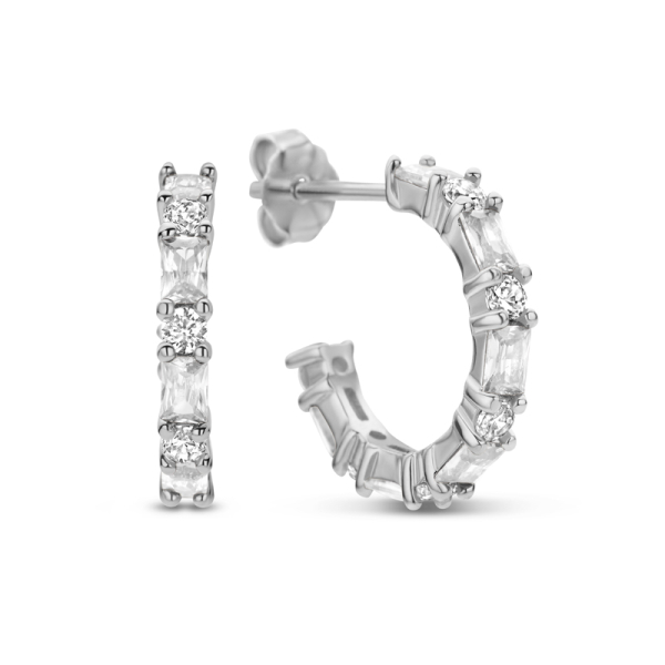 Ohrstecker Creolen mit 24 Zirkonia Silber 925 rhodiniert - Ø 14mm - Weiß