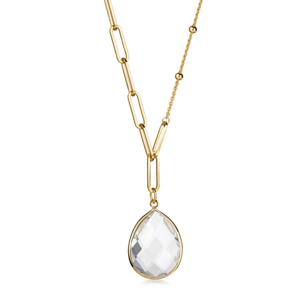 Y-Collier Silber 925 vergoldet - Weißer Quarz in Tropfenform
