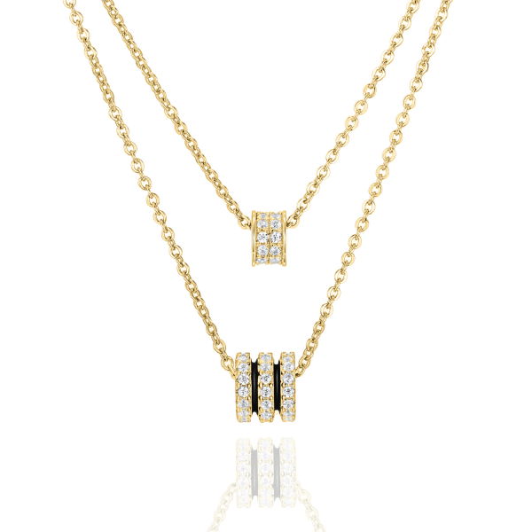 Collier Layer-Optik Silber 925 vergoldet - 72 Zirkonia - Schwarzer Lack