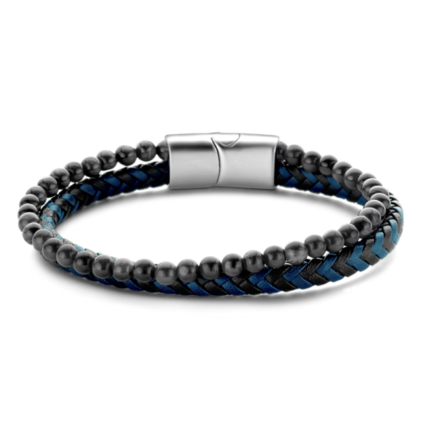 Frank 1967 Armband Echtleder Schwarz und Blau 2-reihig Edelstahl - Schwarzer Achat
