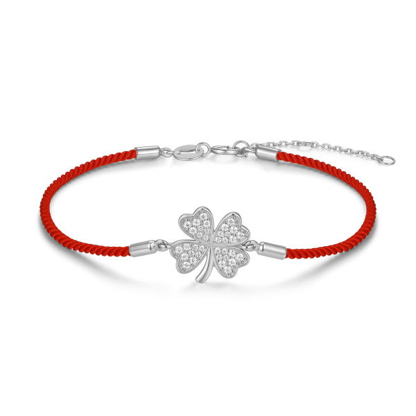 Rotes Textilarmband Silber 925 mit Kleeblatt und 36 Zirkonia - vergoldet oder rhodiniert - 19cm - Bild 2