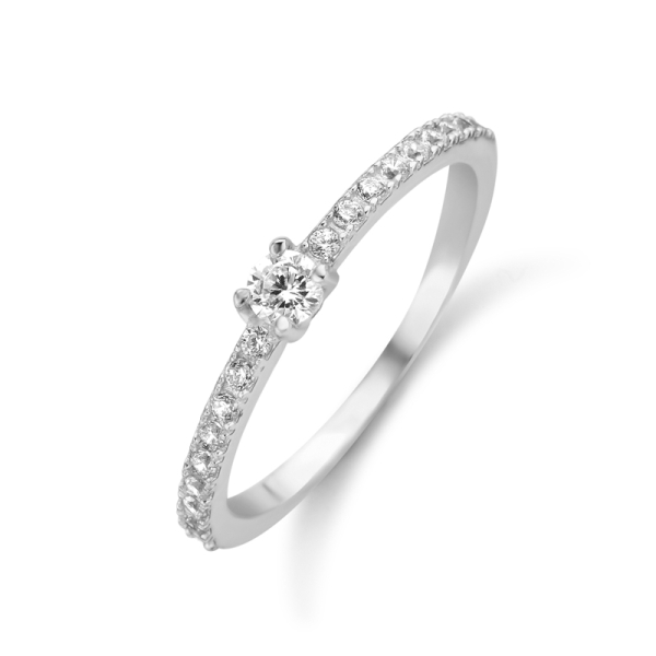 Damenring Silber 925 rhodiniert - 19 Zirkonia - Großer Stein 3mm