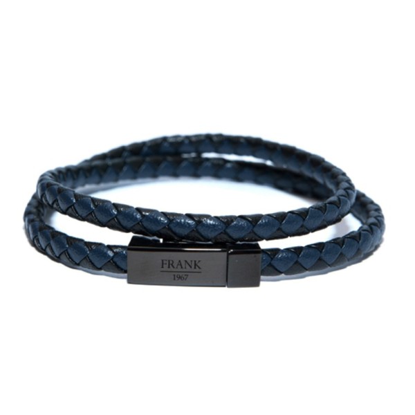 Frank 1967 Wickelarmband Echtleder Blau und Schwarz Edelstahl IPB - 2-reihig