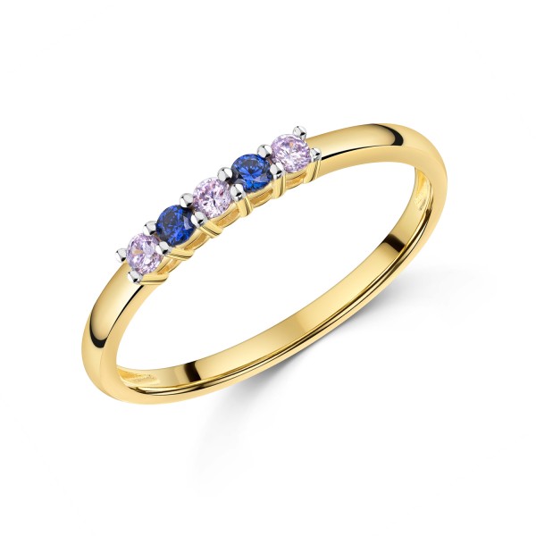 Damenring Silber 925 vergoldet - 5 Zirkonia - Lavendel und Tansanit
