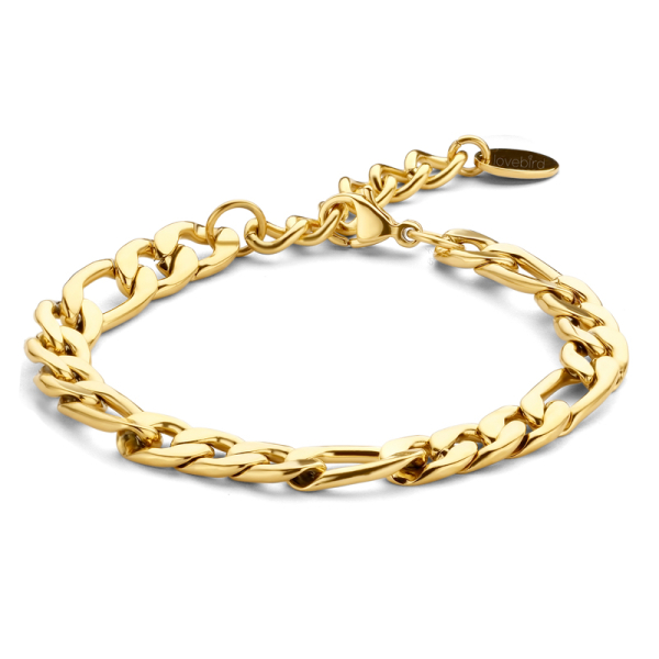 Lovebird Figaro-Armband 10mm breit Edelstahl - Goldfarbene IP-Beschichtung