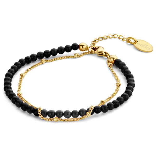 Lovebird Armband Edelstahl IPG - 2-reihig mit schwarzem Achat - 16+3cm