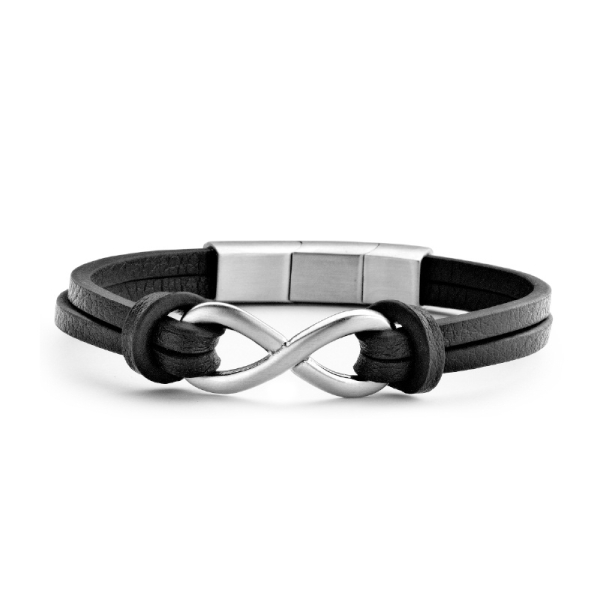 Frank 1967 Armband Infinity Edelstahl - Echt Leder schwarz, 7,5mm breit