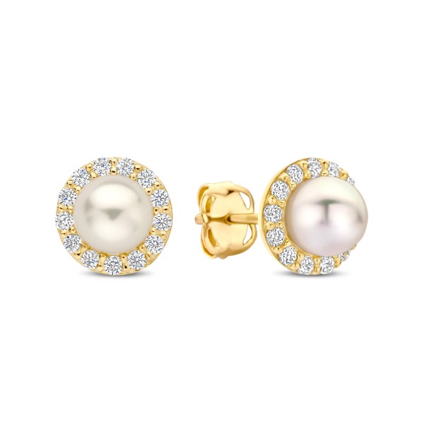 Ohrstecker Süßwasser-Zuchtperle Gold 585 - 26 Zirkonia - Perle 4,0mm