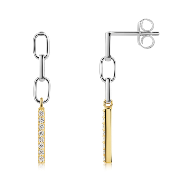 Ohrstecker mit Behang und 16 Zirkonia Silber 925 Bicolor - Rhodiniert und Vergoldet