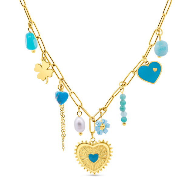 Lovebird Collier mit Herzen, Amazonit, Jaspis, Süßwasser-Zuchtperle und Jade Edelstahl IPG