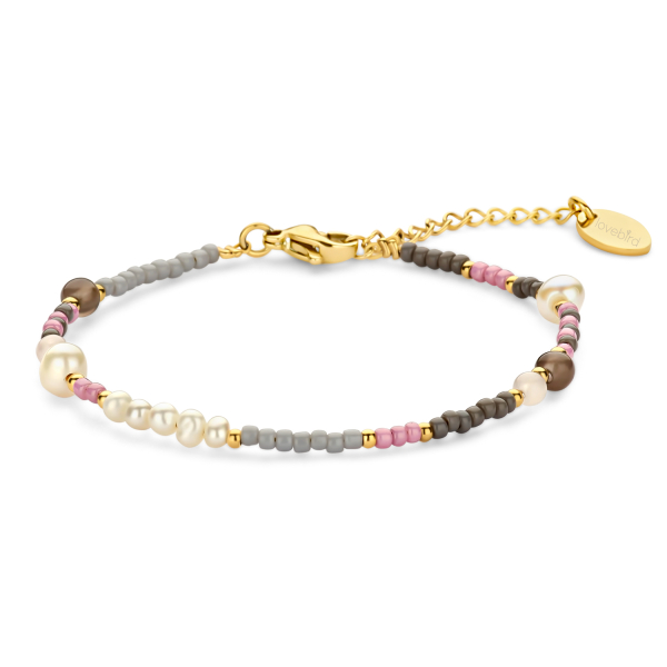 Lovebird Armband Glasbeads rosa/grau Edelstahl IPG - Süßwasser-Zuchtperle
