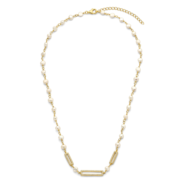 Collier mit Süßwasser-Zuchtperle und 82 Zirkonia Silber 925 vergoldet - 4-4,5mm - Bild 2