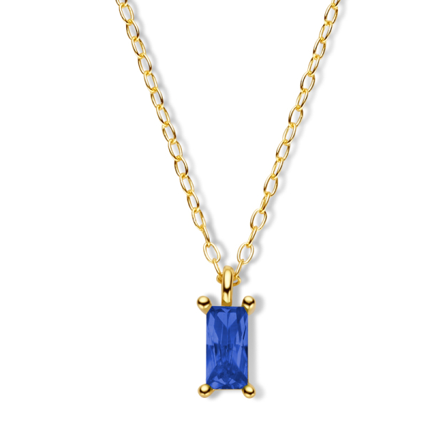 Collier mit Zirkonia saphirblau Silber 925 vergoldet - Baguetteschliff 6x3mm