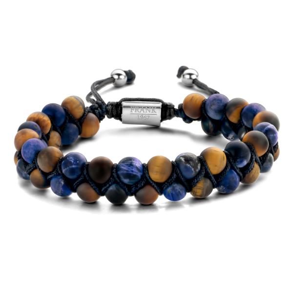 Frank 1967 Armband 2-reihig Edelstahl IPS - Tigerauge und blauer Sodalith 6mm - Textilband