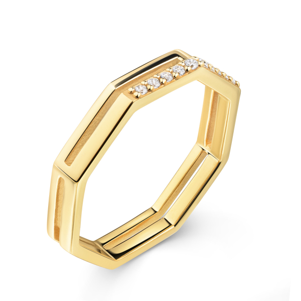 Ring Achtkant Silber 925 vergoldet - 10 Zirkonia